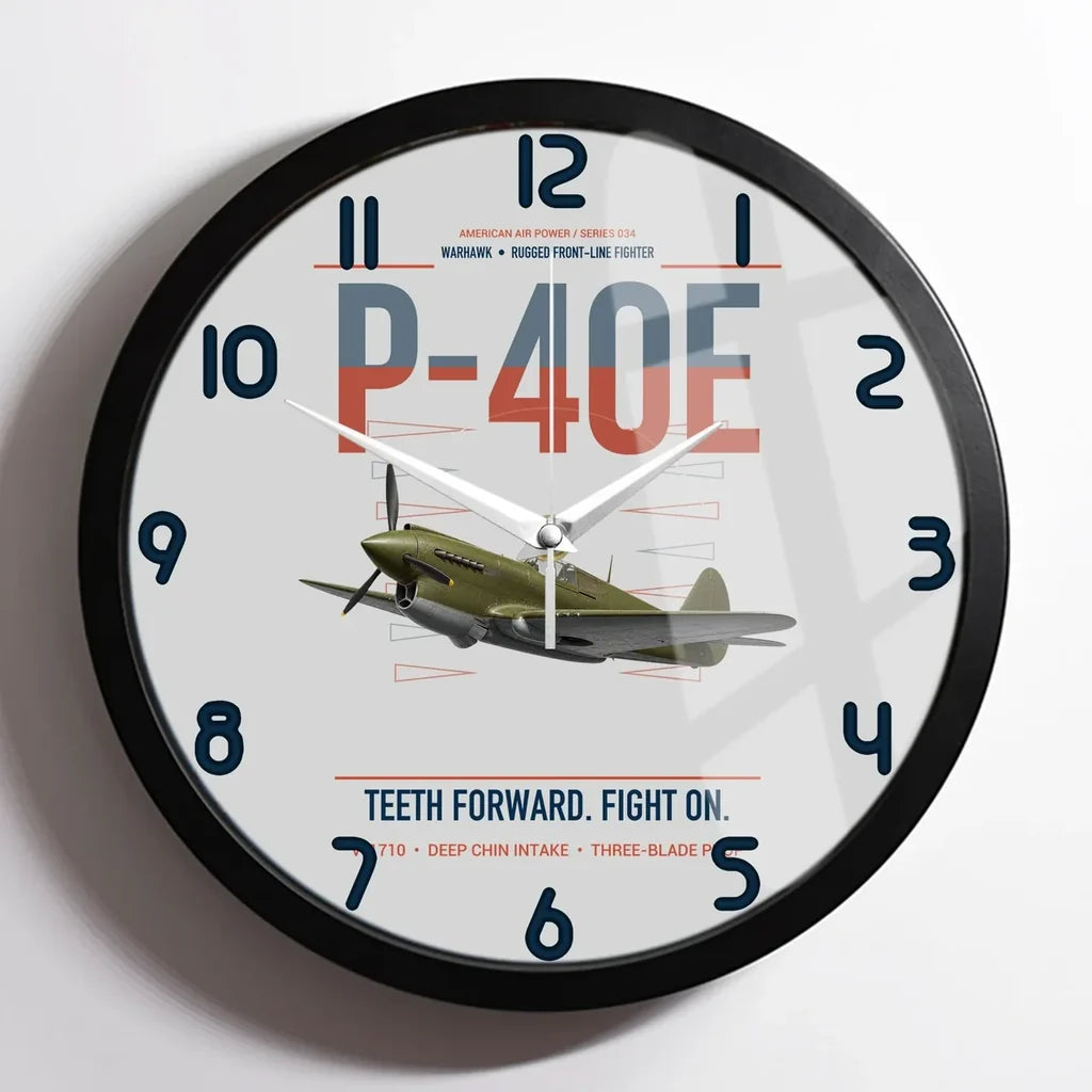 P-40E Warhawk design on light gray framed wall clock