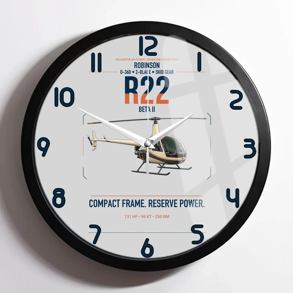 Robinson R22 Beta II design on light gray framed wall clock