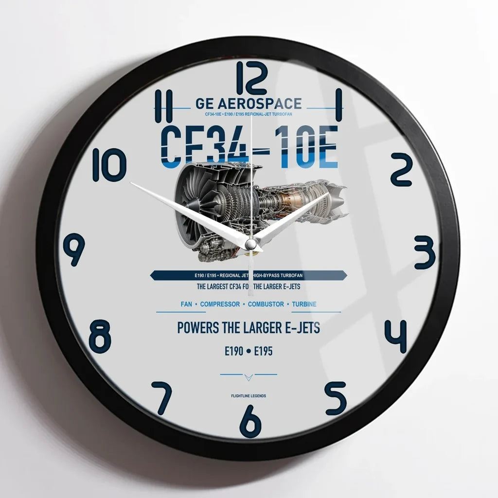 CF34-10E design on light gray framed wall clock