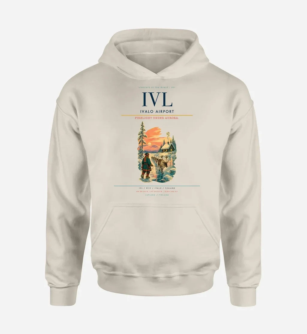Ivalo Airport (IVL) design on khaki hoodie single-side print