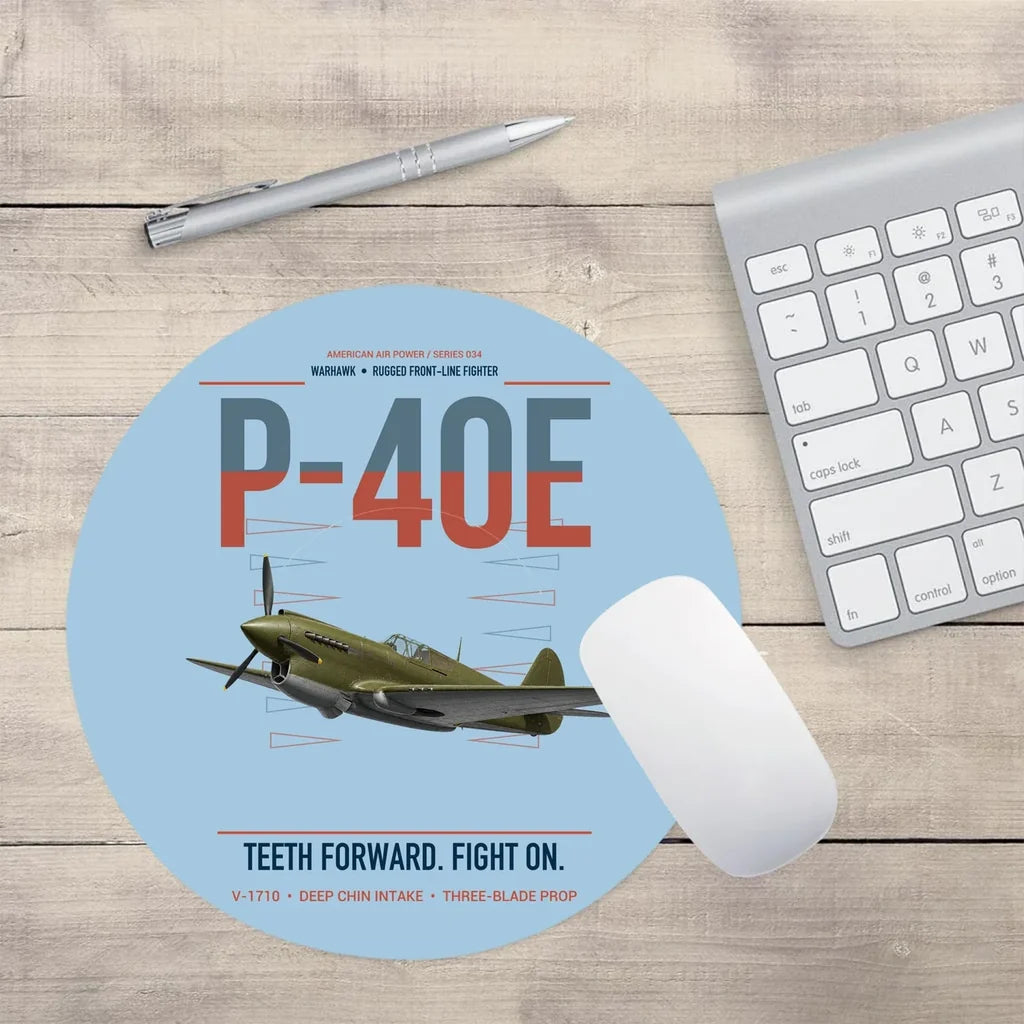 P-40E Warhawk design on light blue round mouse pad