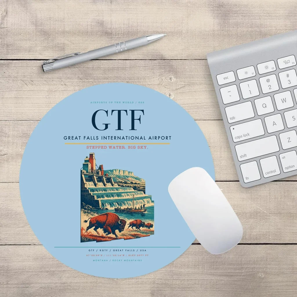Great Falls International Airport (GTF) design on light blue round mouse pad