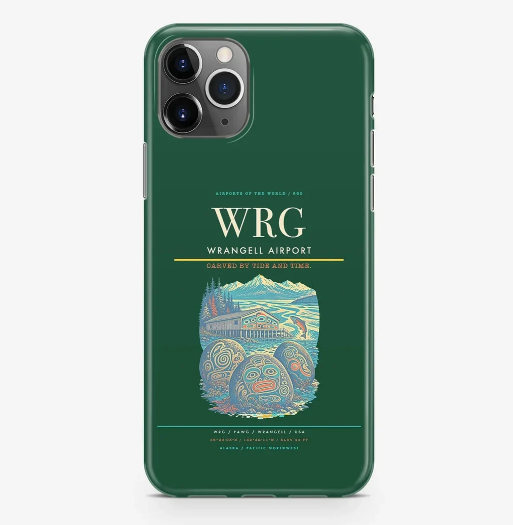 Wrangell Airport (WRG) design on dark green iPhone 16 Pro MagSafe case