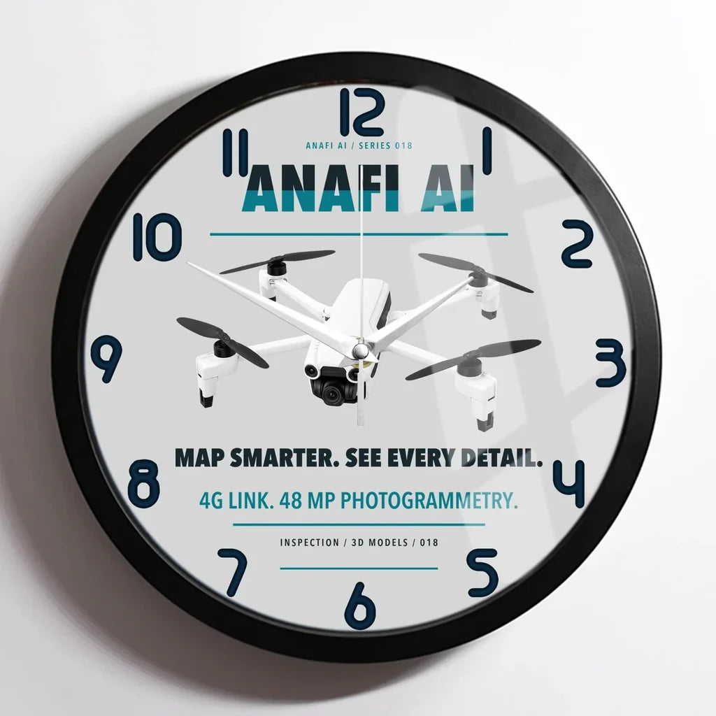 Parrot ANAFI Ai design on light gray framed wall clock