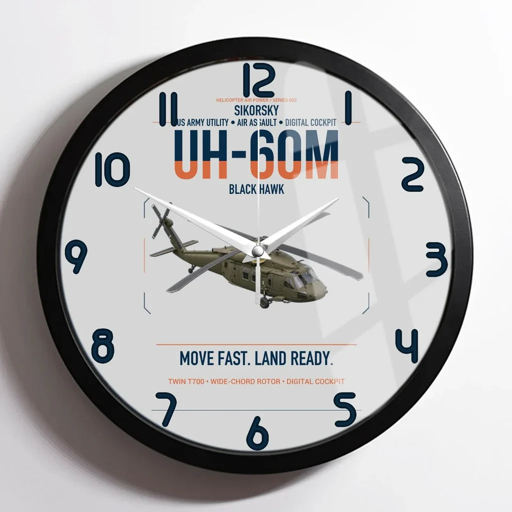 Sikorsky UH-60M Black Hawk design on light gray framed wall clock