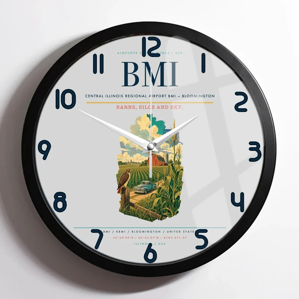 Central Illinois Regional Airport (BMI) design on light gray framed wall clock