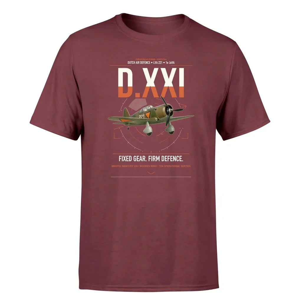 Fokker D.XXI — Dutch LVA aircraft 221 design on dark red t-shirt, single-side print
