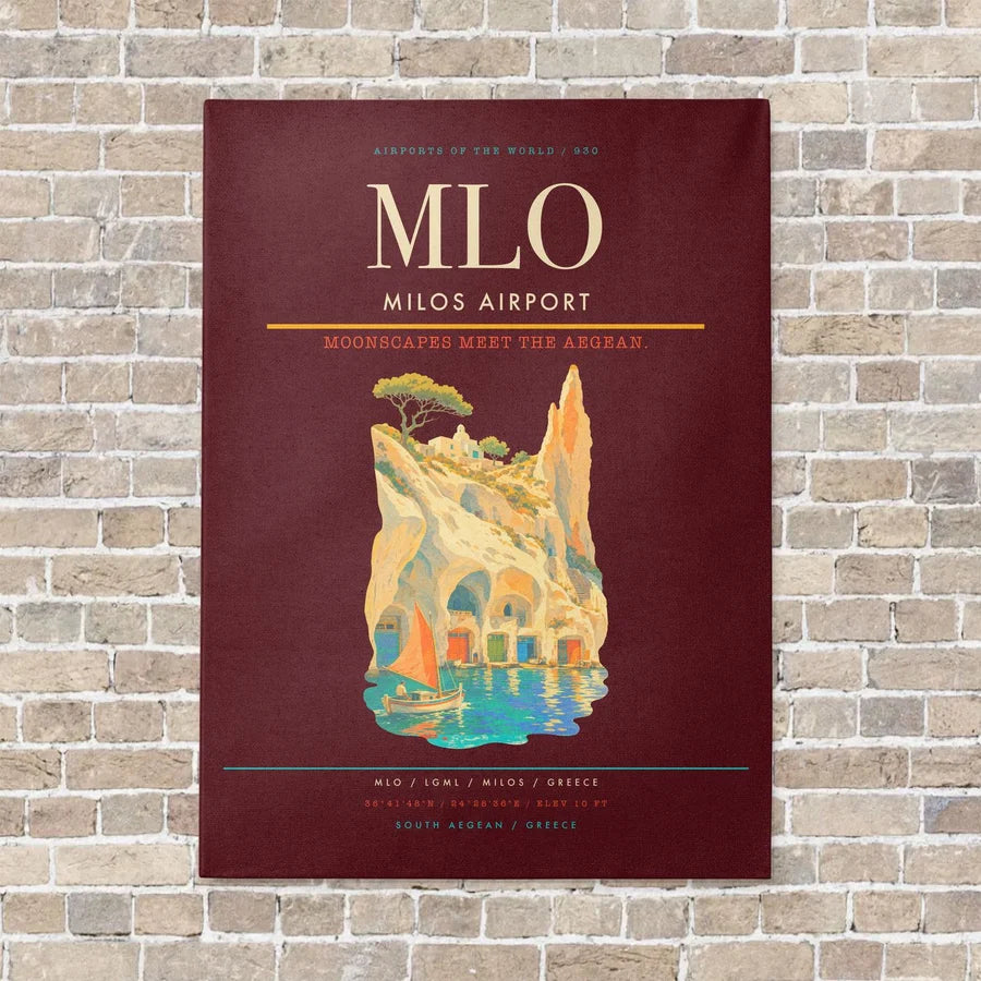 Milos Airport MLO vertical canvas print - no frame - dark red background