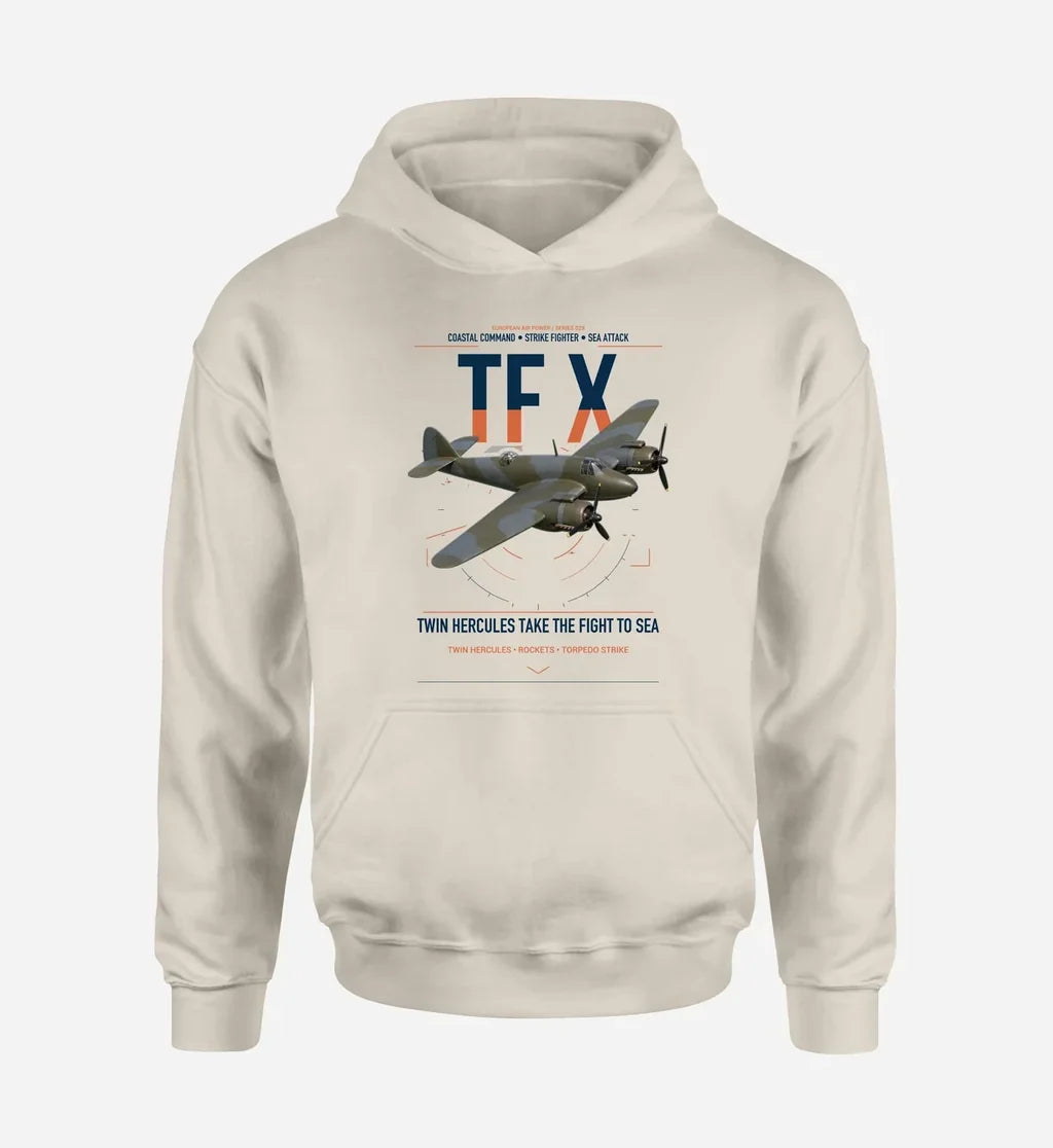 Bristol Beaufighter TF X design on khaki double-side hoodie, single-side print