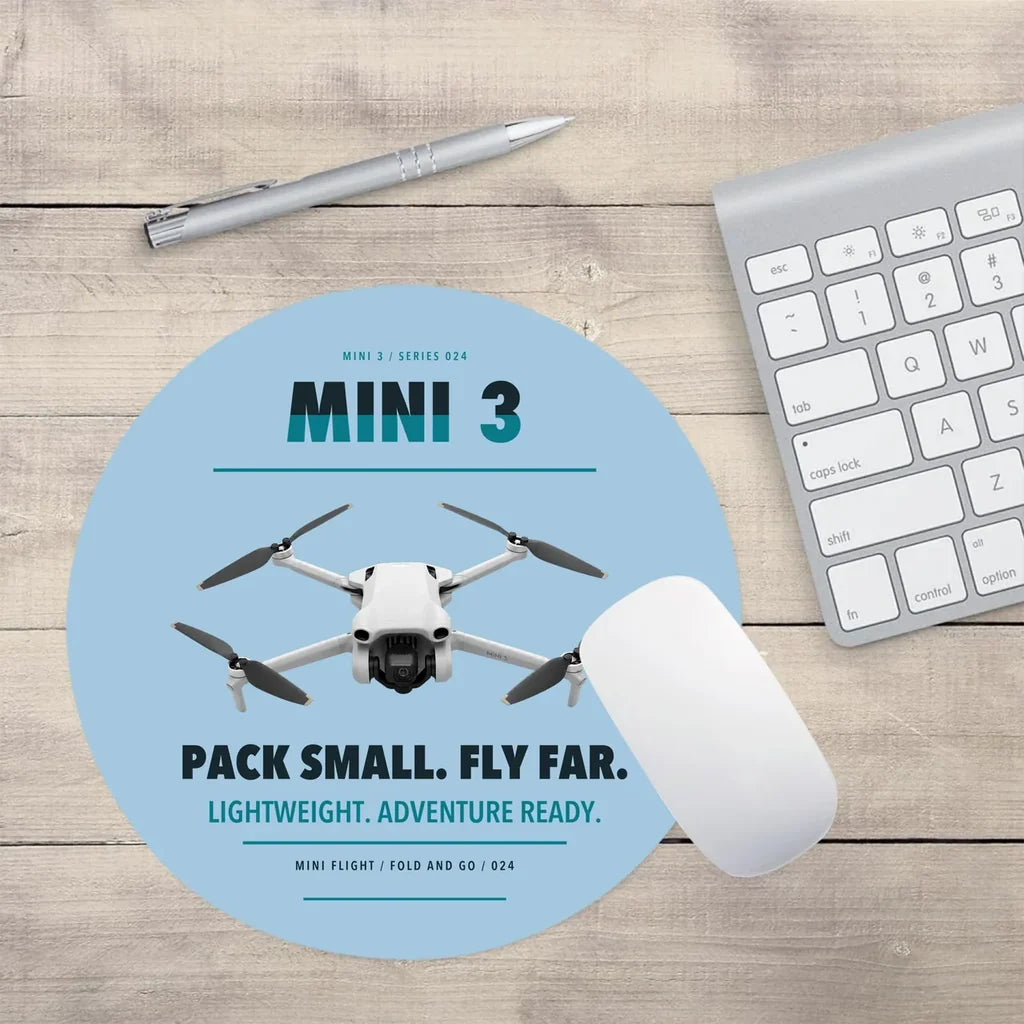 DJI Mini 3 design on light blue round mouse pad