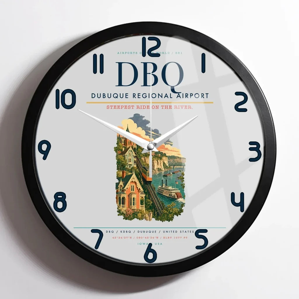 Dubuque Regional Airport (DBQ) design on light gray framed wall clock