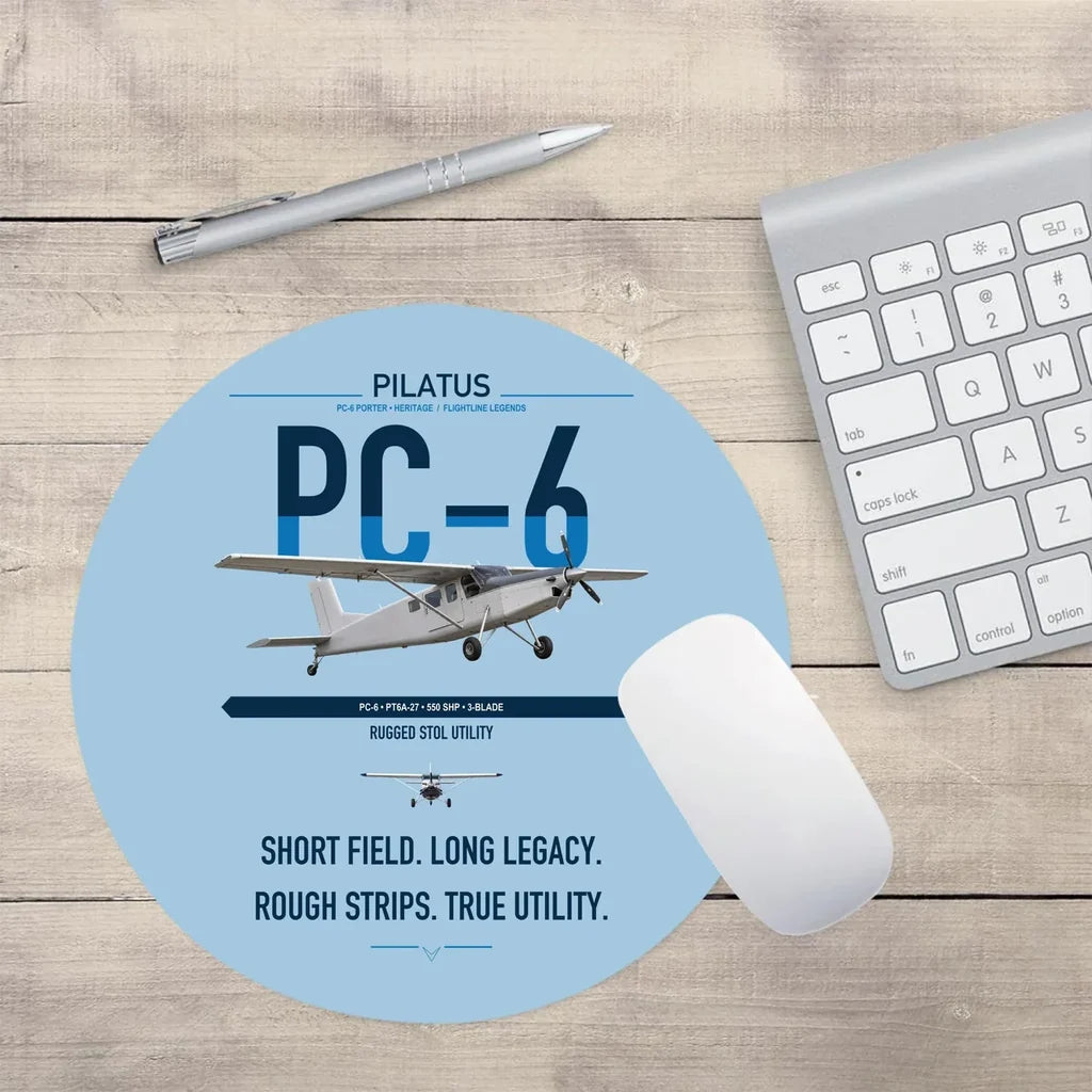 Pilatus PC-6 Porter design on light blue round mouse pad