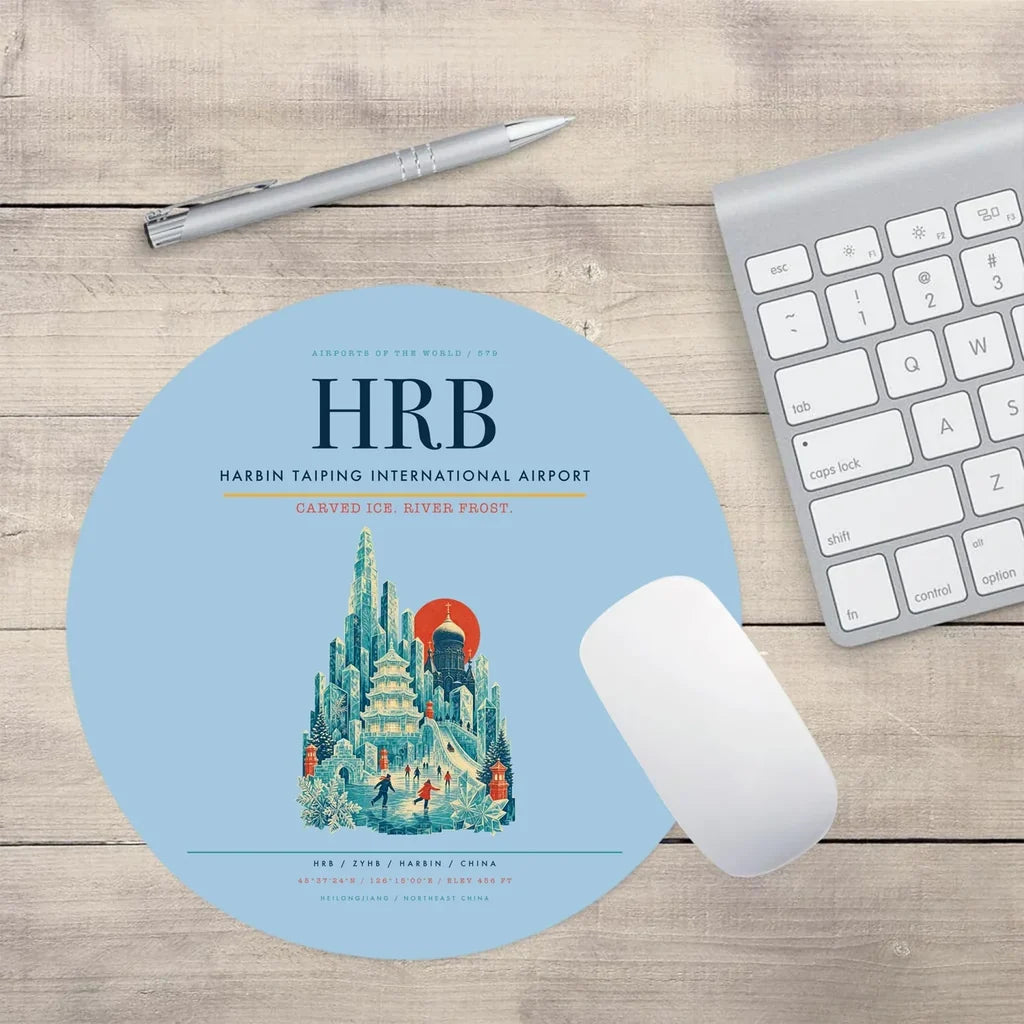 Harbin Taiping International Airport (HRB) design on light blue round mouse pad