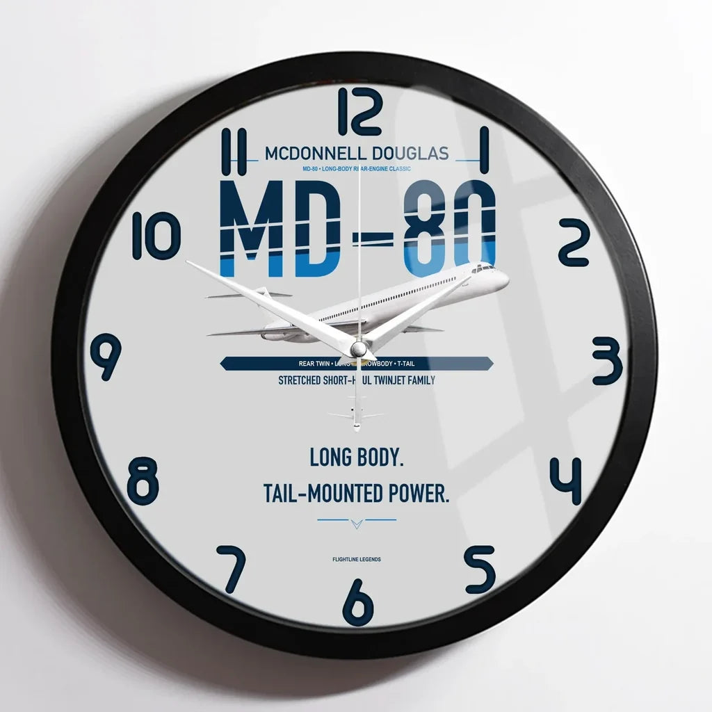 McDonnell Douglas MD-80 design on light gray framed wall clock