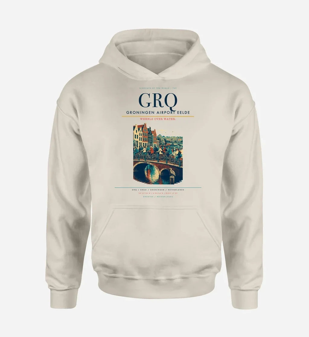 Groningen Airport Eelde (GRQ) design on khaki hoodie single-side print