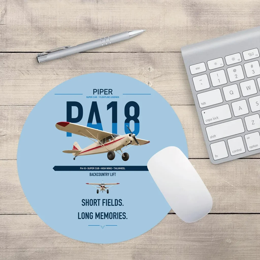 Piper PA-18 Super Cub design on light blue round mouse pad