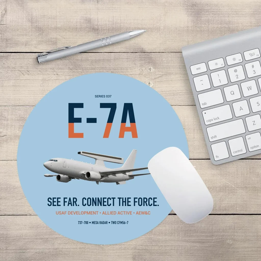 E-7A Wedgetail design on light blue round mouse pad