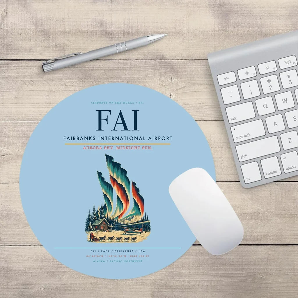 Fairbanks International Airport (FAI) design on light blue round mouse pad