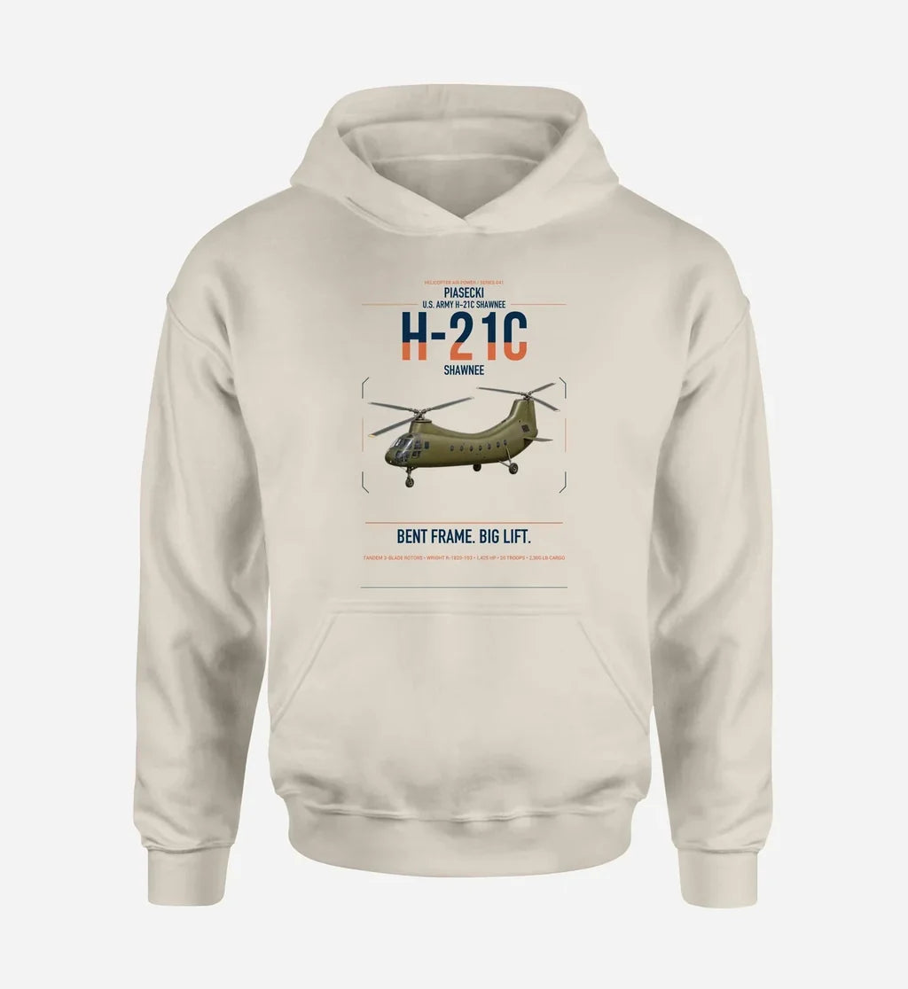 Piasecki H-21C Shawnee design on khaki double-side hoodie, single-side print