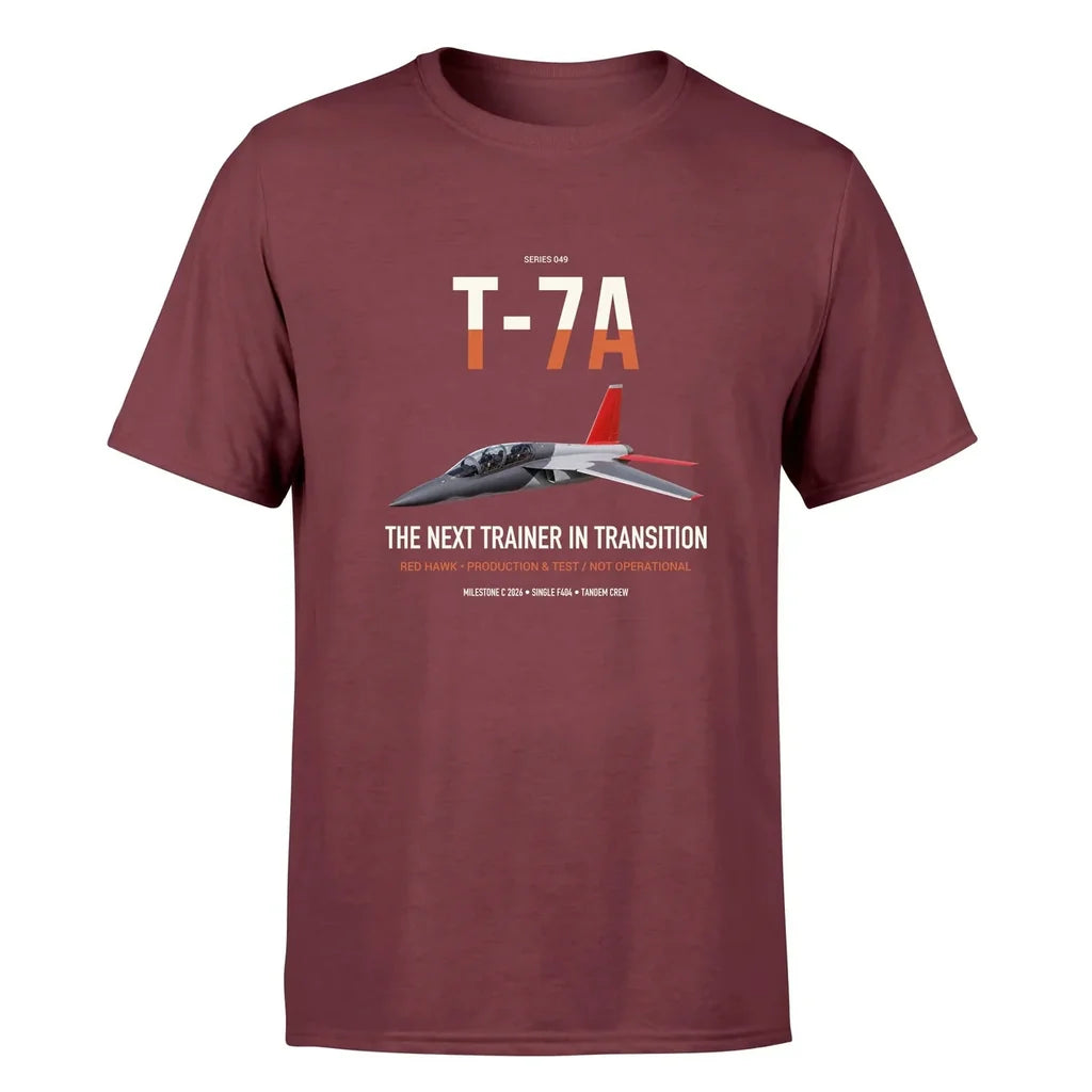 T-7A Red Hawk design on dark red double-side t-shirt, single-side print