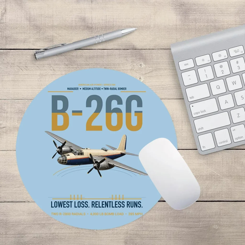 B-26G Marauder design on light blue round mouse pad