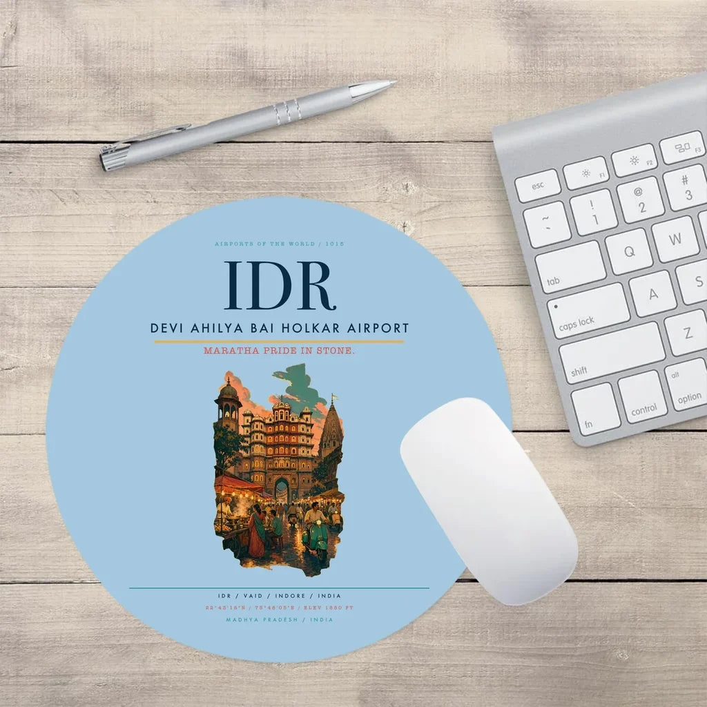 Devi Ahilya Bai Holkar Airport (IDR) design on light blue round mouse pad