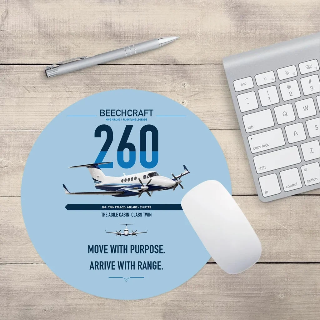 Beechcraft King Air 260 design on light blue round mouse pad