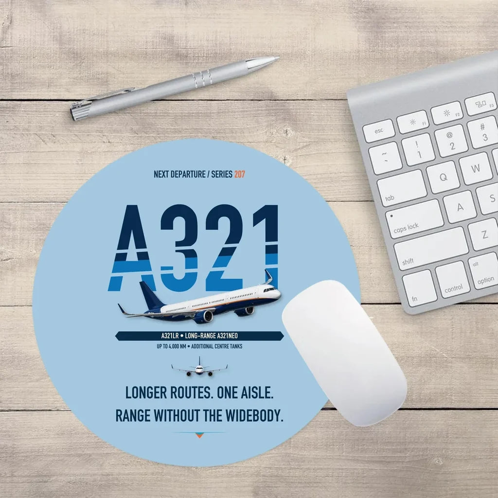 Airbus A321LR design on light blue round mouse pad