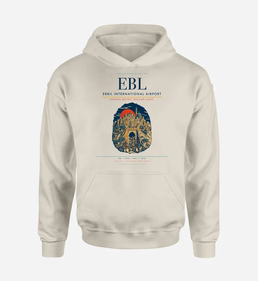 Erbil International Airport (EBL) design on khaki hoodie single-side print