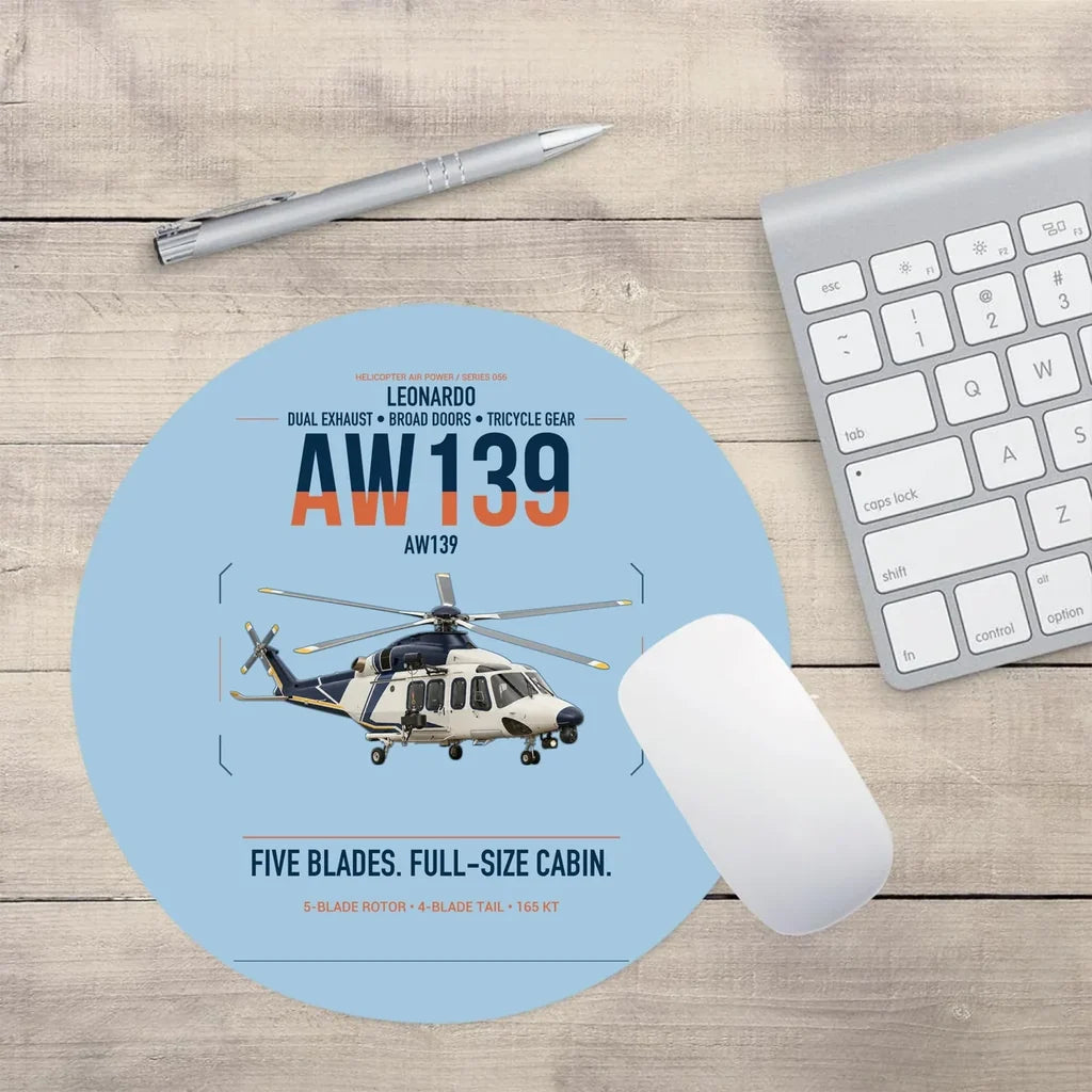 Leonardo AW139 design on light blue round mouse pad