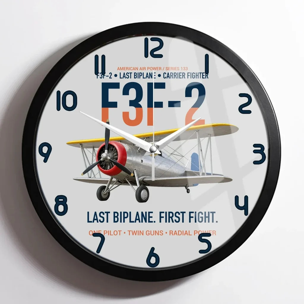 F3F-2 Last Biplane First Fight design on light gray framed wall clock