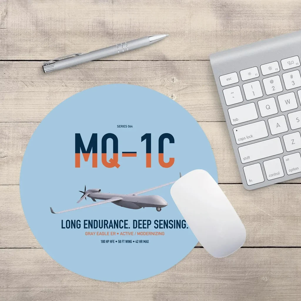 MQ-1C Gray Eagle ER design on light blue round mouse pad