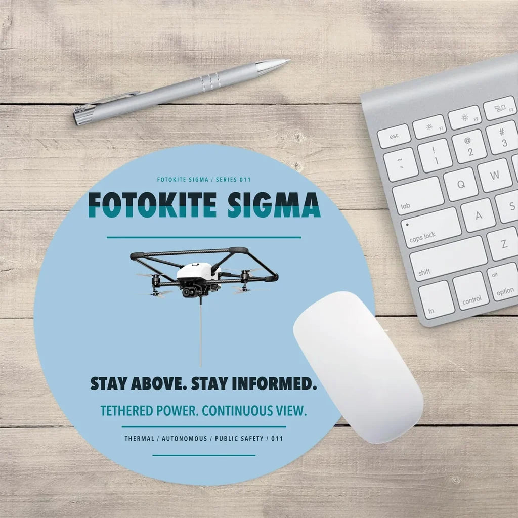 Fotokite Sigma design on light blue round mouse pad