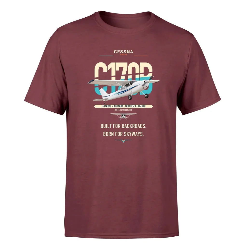 Cessna 170B design on dark red t-shirt, single-side print