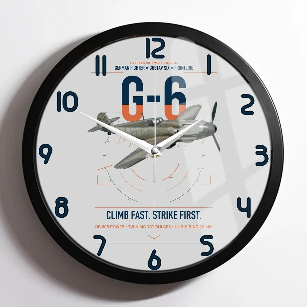 Messerschmitt Bf 109G-6 design on light gray framed wall clock