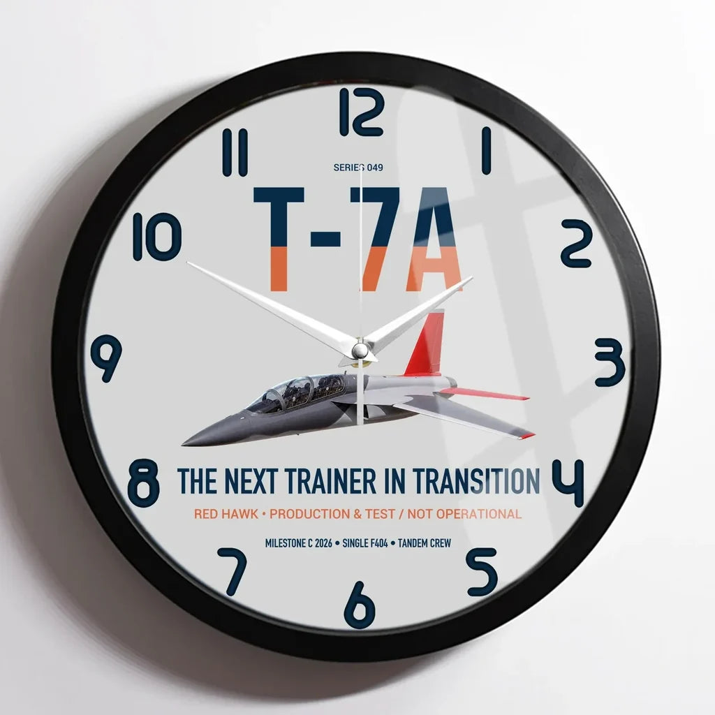 T-7A Red Hawk design on light gray framed wall clock