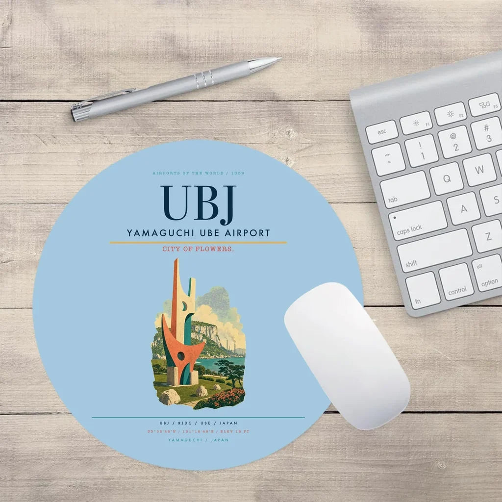 Yamaguchi Ube Airport (UBJ) design on light blue round mouse pad