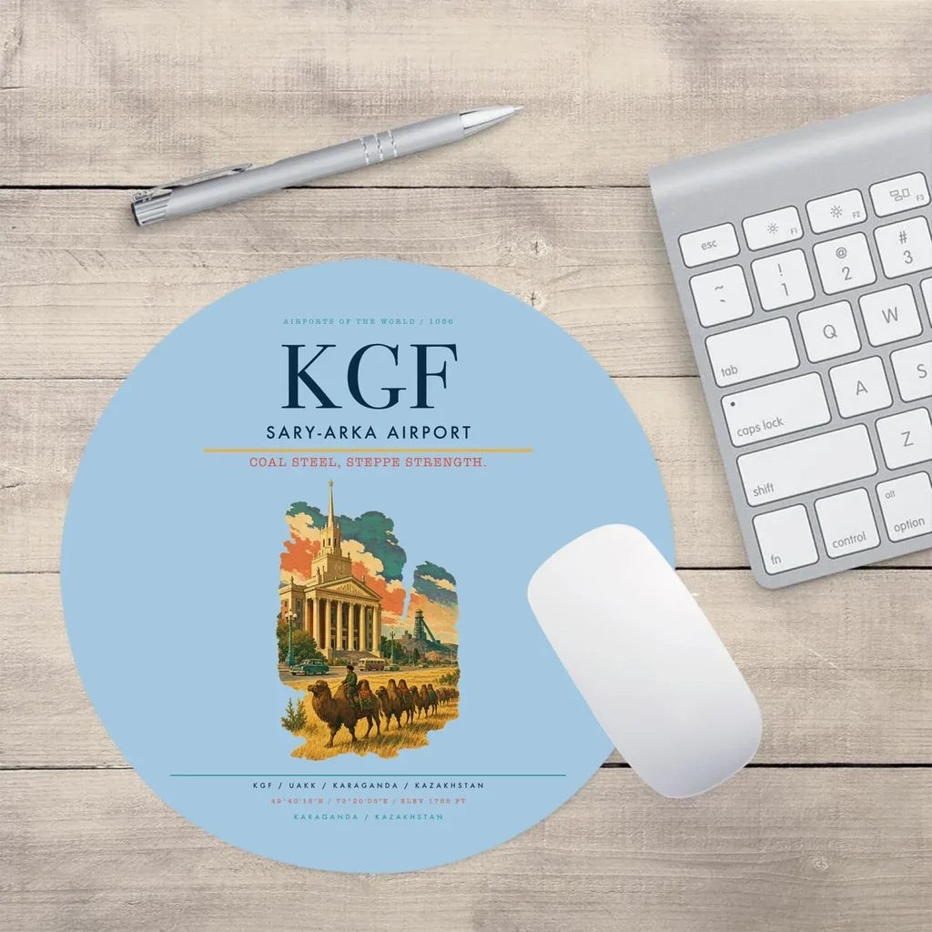 Sary-Arka Airport (KGF) design on light blue round mouse pad