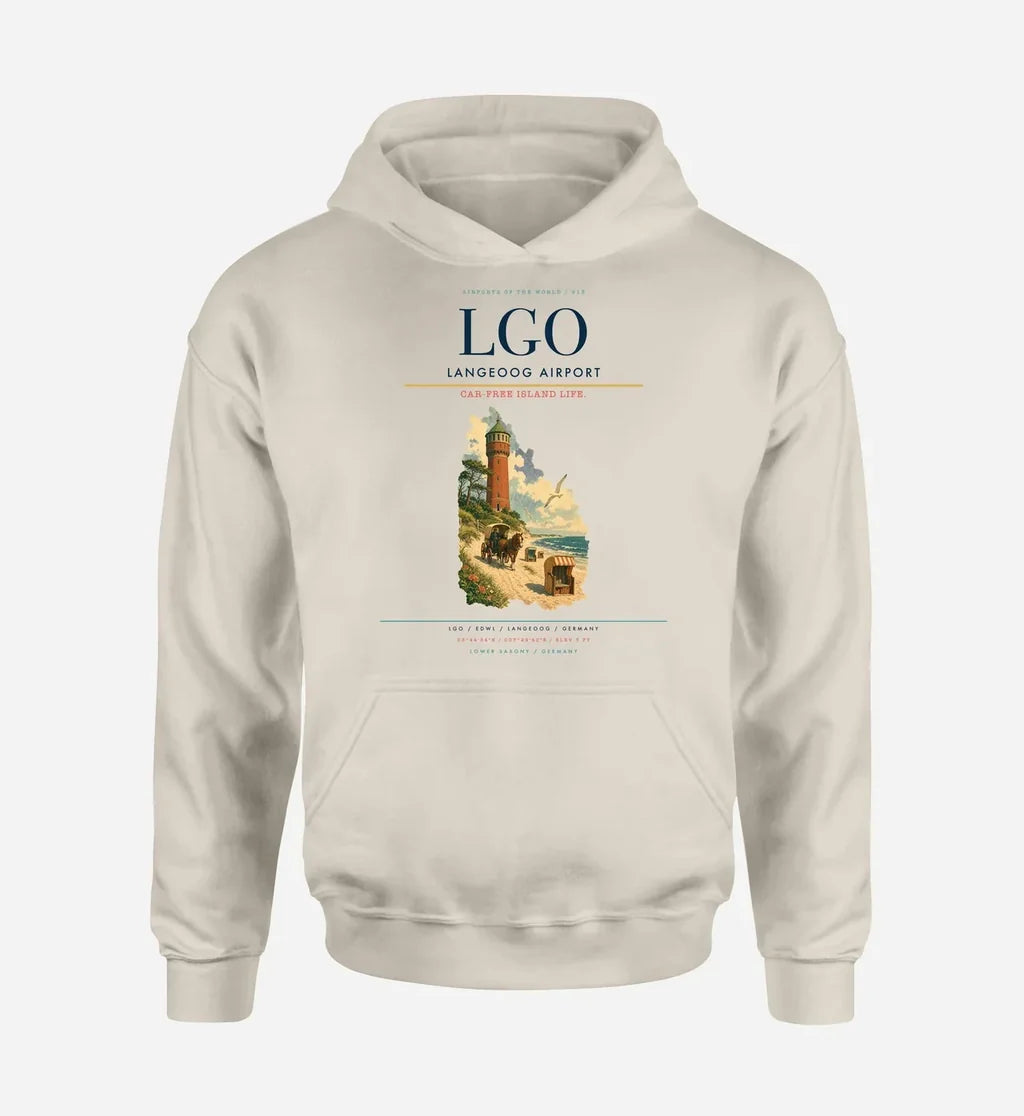 Langeoog Airport (LGO) design on khaki hoodie single-side print