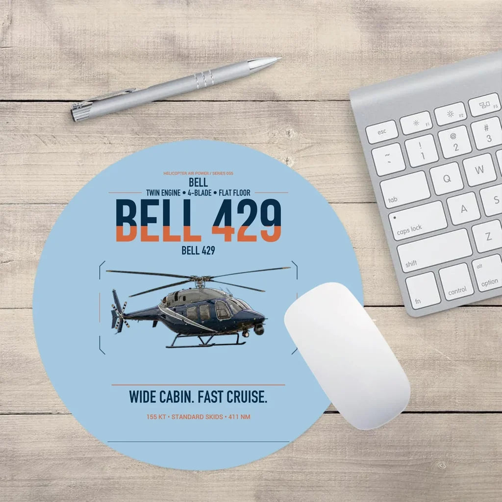 Bell 429 design on light blue round mouse pad