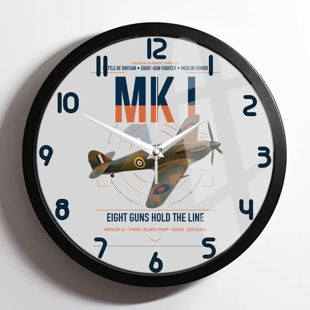 Hawker Hurricane Mk I design on light gray framed wall clock