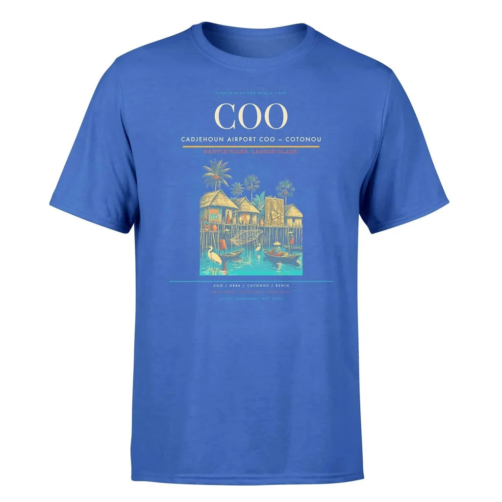 Cadjehoun Airport (COO) T-Shirt single-side front print in Blue | cadjehoun-airport-coo-double-side-t-shirt