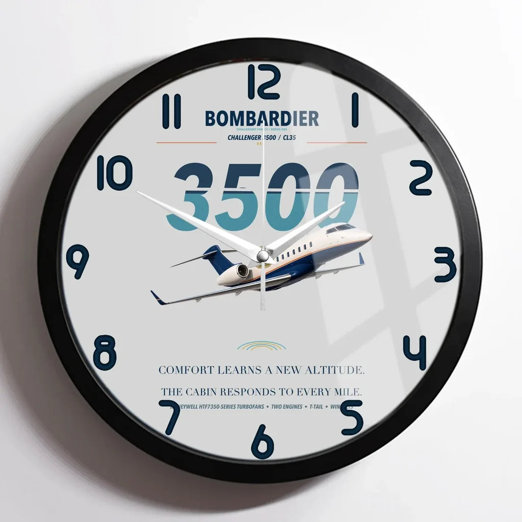 Bombardier Challenger 3500 design on light gray framed wall clock