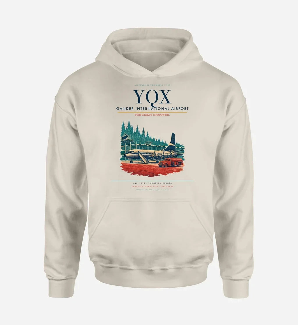 Gander International Airport (YQX) design on khaki hoodie single-side print