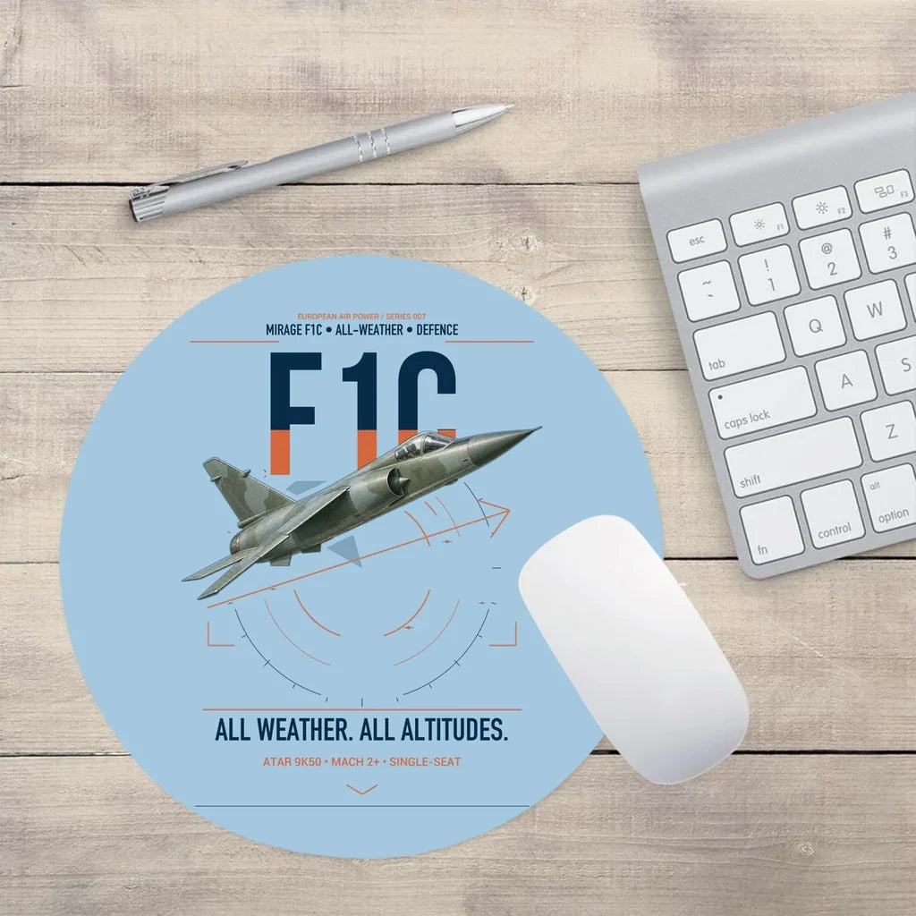 Dassault Mirage F1C design on light blue round mouse pad