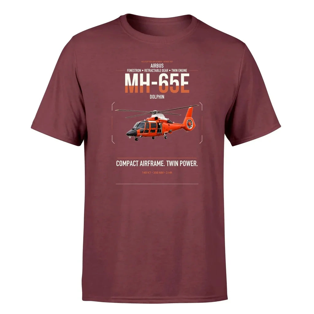 Airbus MH-65E Dolphin design on dark red t-shirt, single-side print