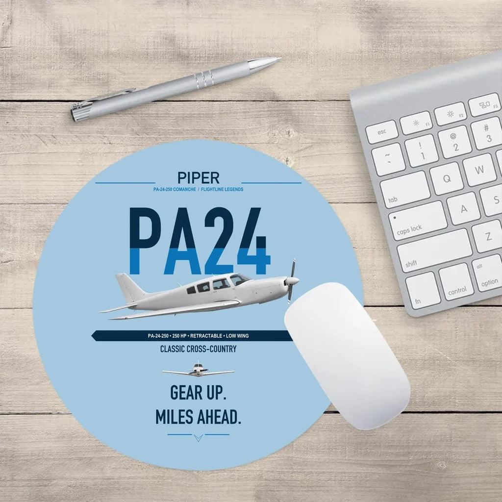 Piper PA-24-250 Comanche 250 design on light blue round mouse pad