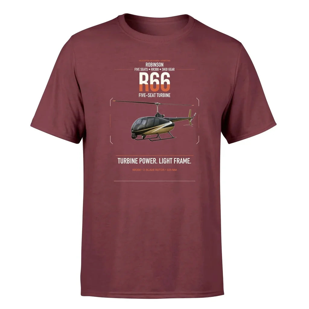 Robinson R66 design on dark red t-shirt, single-side print