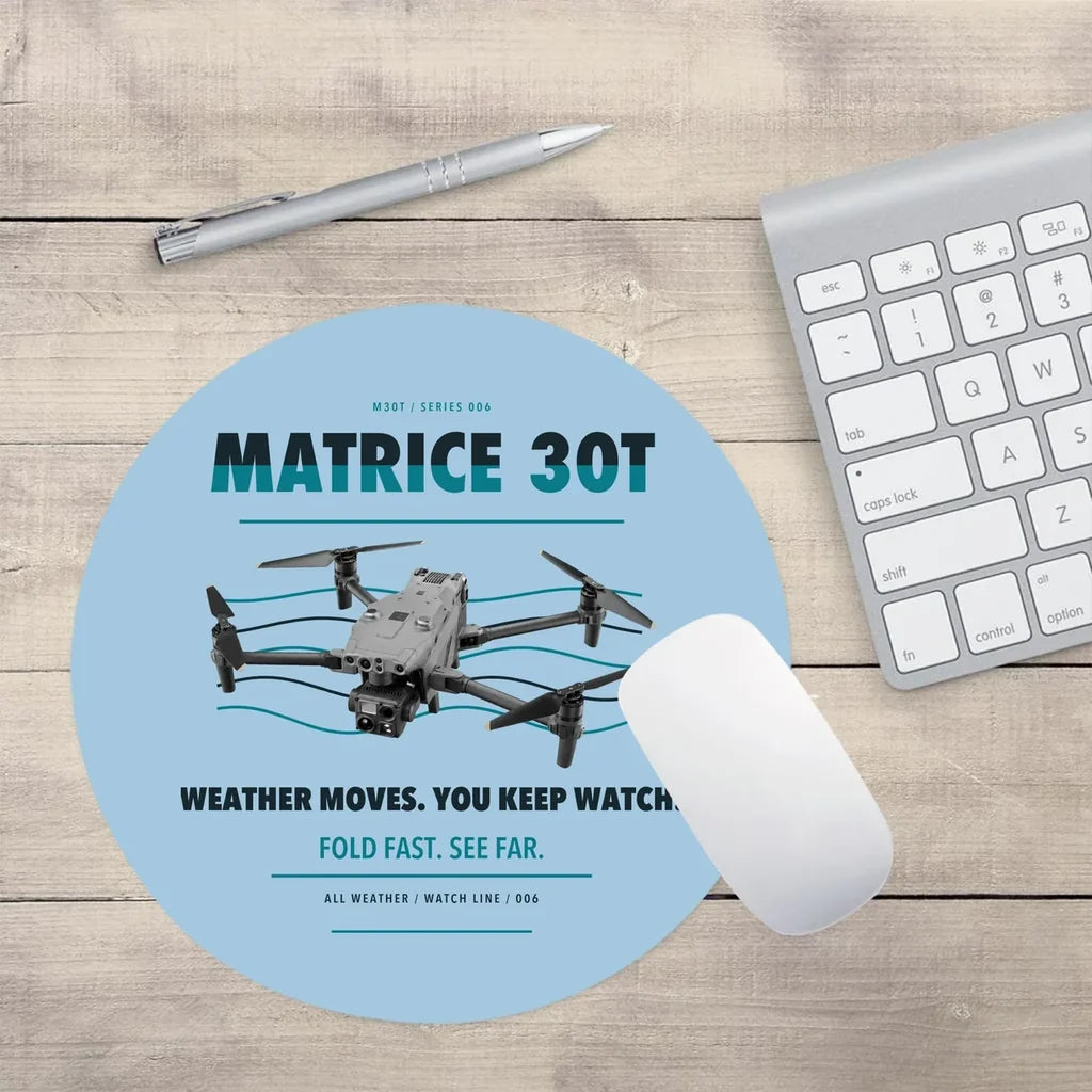 DJI Matrice 30T design on light blue round mouse pad