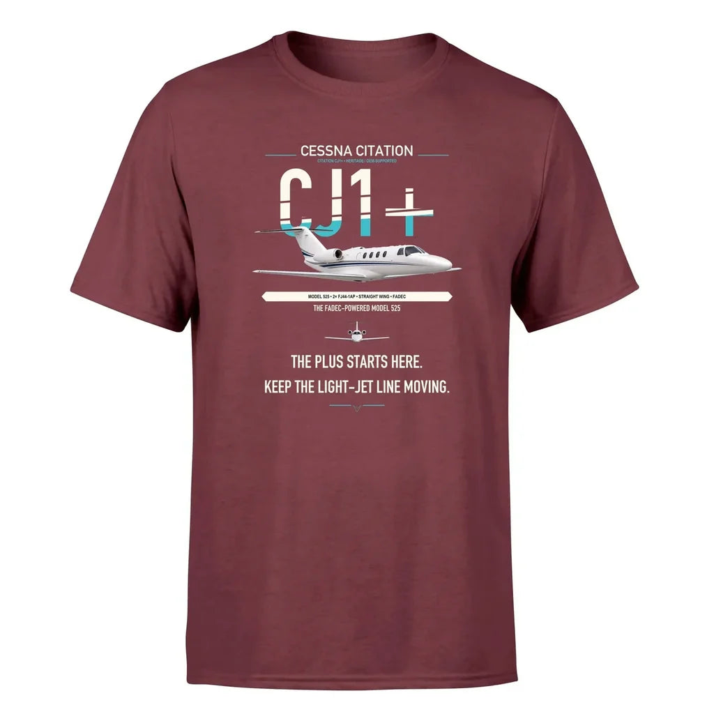 Cessna Citation CJ1+ design on dark red double-side t-shirt, single-side print